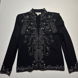 St. John Evening Black Knit Jacket with Pearl & Rhinestone Embellishments – Size